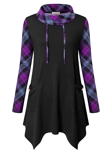Bulotus Fall Sweaters for Women 2025 Cowl Neck Long Asymmetrical Tunic Sweaters for Leggings Holiday Vacation Tops - Black Purple Plaid-1 - 3X-Large