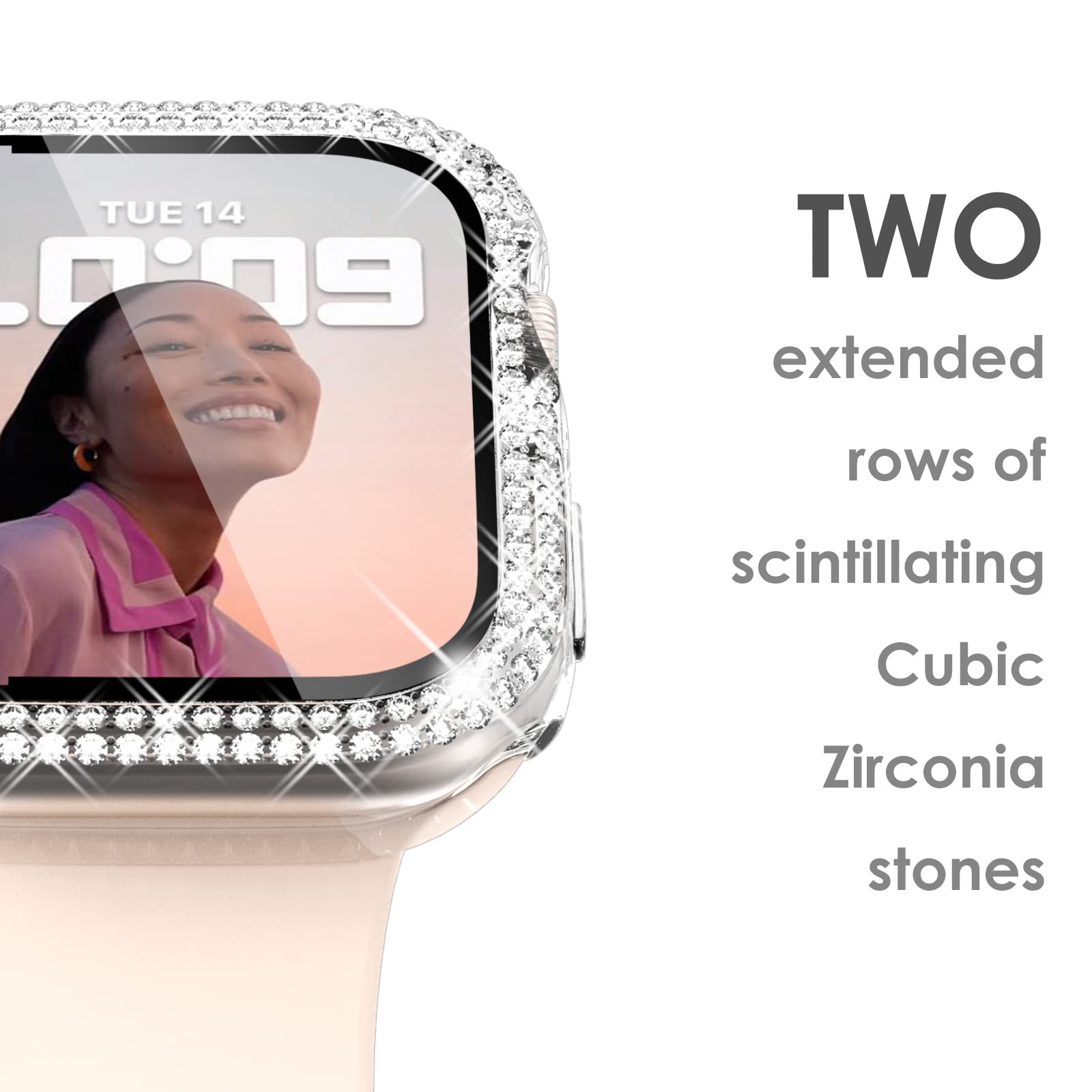 WINGLE Compatible with Apple Watch Screen Protector 44mm SE 3 2 1/ Series 6 5 4, Women Shiny Diamond Cover with Tempered Glass Screen Protector for Apple Watch Case 44mm,Clear — view 3