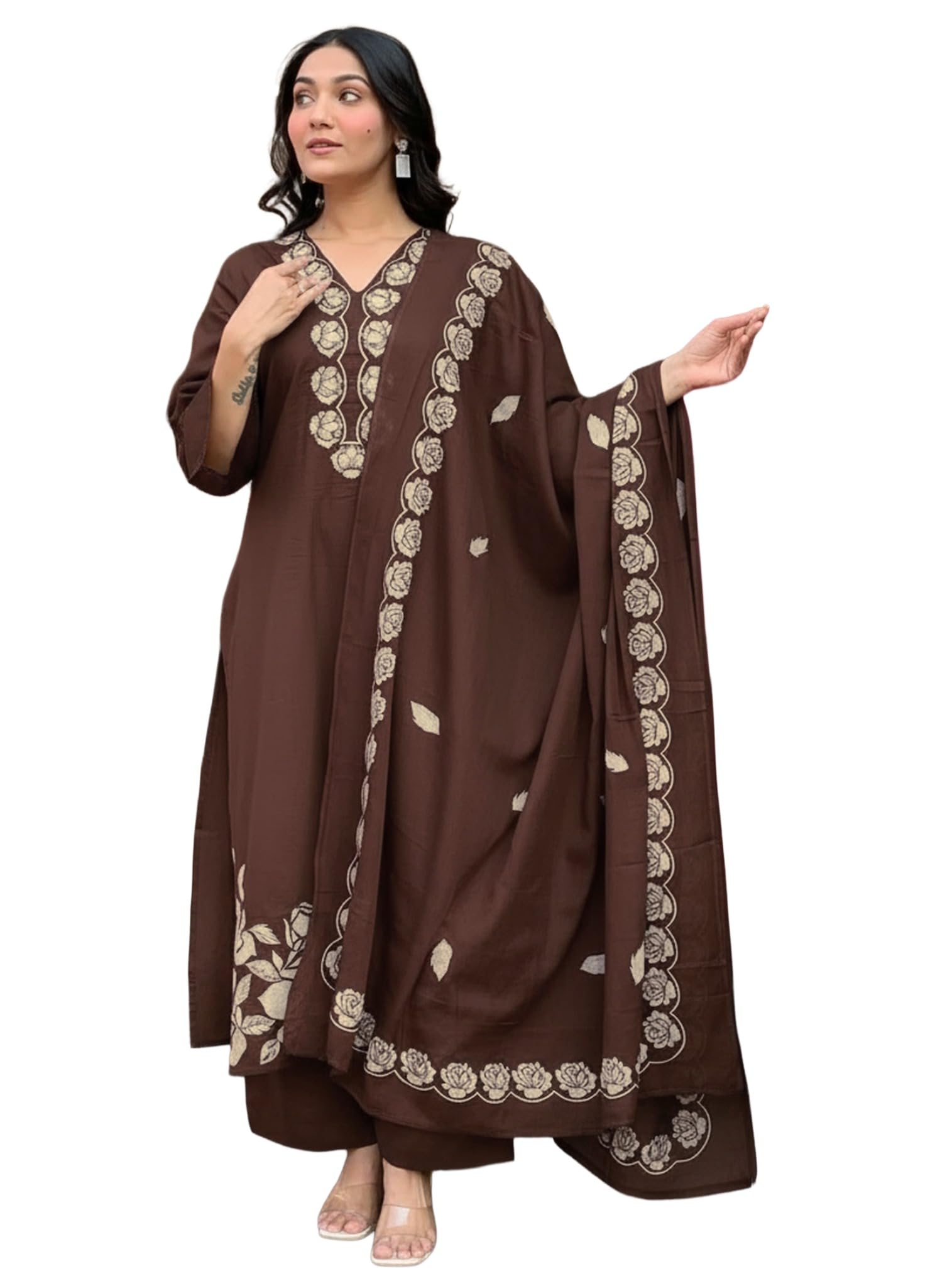 gosriki Women Embroidered Straight Kurta Palazzo Dupatta Set Rayon Viscose Kurti Pant Set Ladies Ethnic Wear for Office Festive Daily Use-picture-12