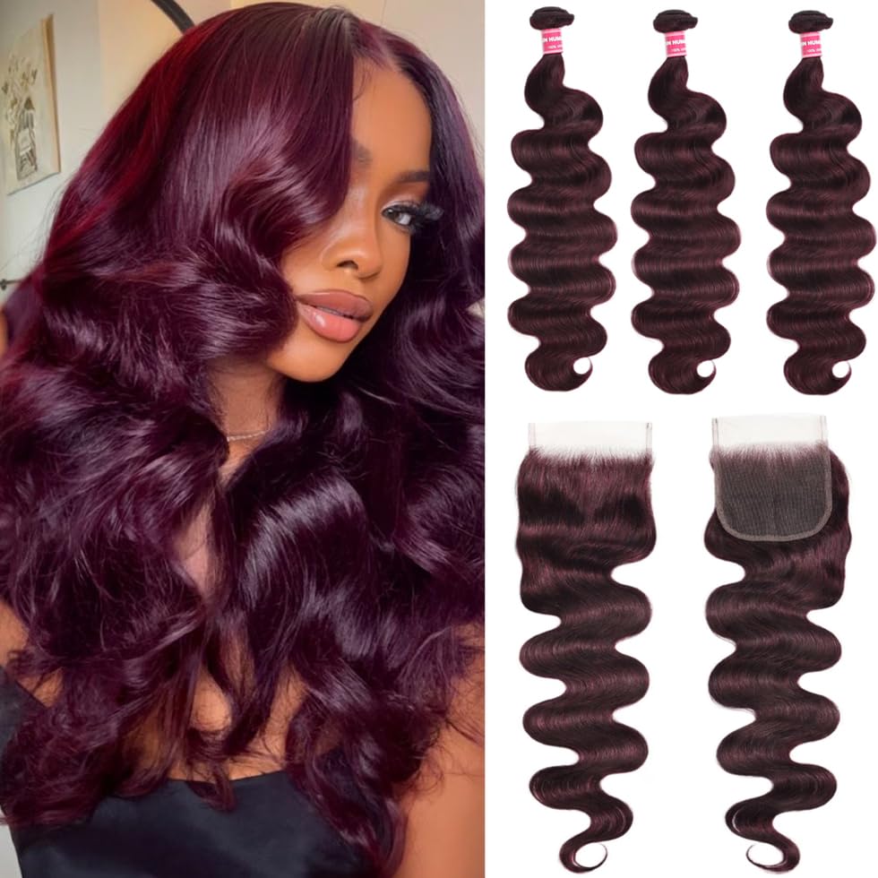 Image of UNICE 12A Body Wave Human Hair Bundles with 4x4 Lace Closure 14 14 14+14 inch 100% Brazilian Virgin Hair Weave Extensions Tangling-Free Shedding-Free Ombre Black Cherry Color