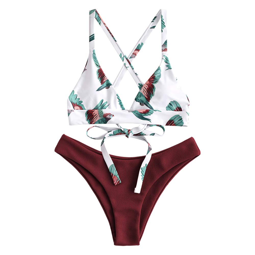 ZAFUL Conjunto de Bikini con Relleno Push Up Triangular Busto Ajustable con Tirantes Cruzados Traseros Estampado Talle Bajo