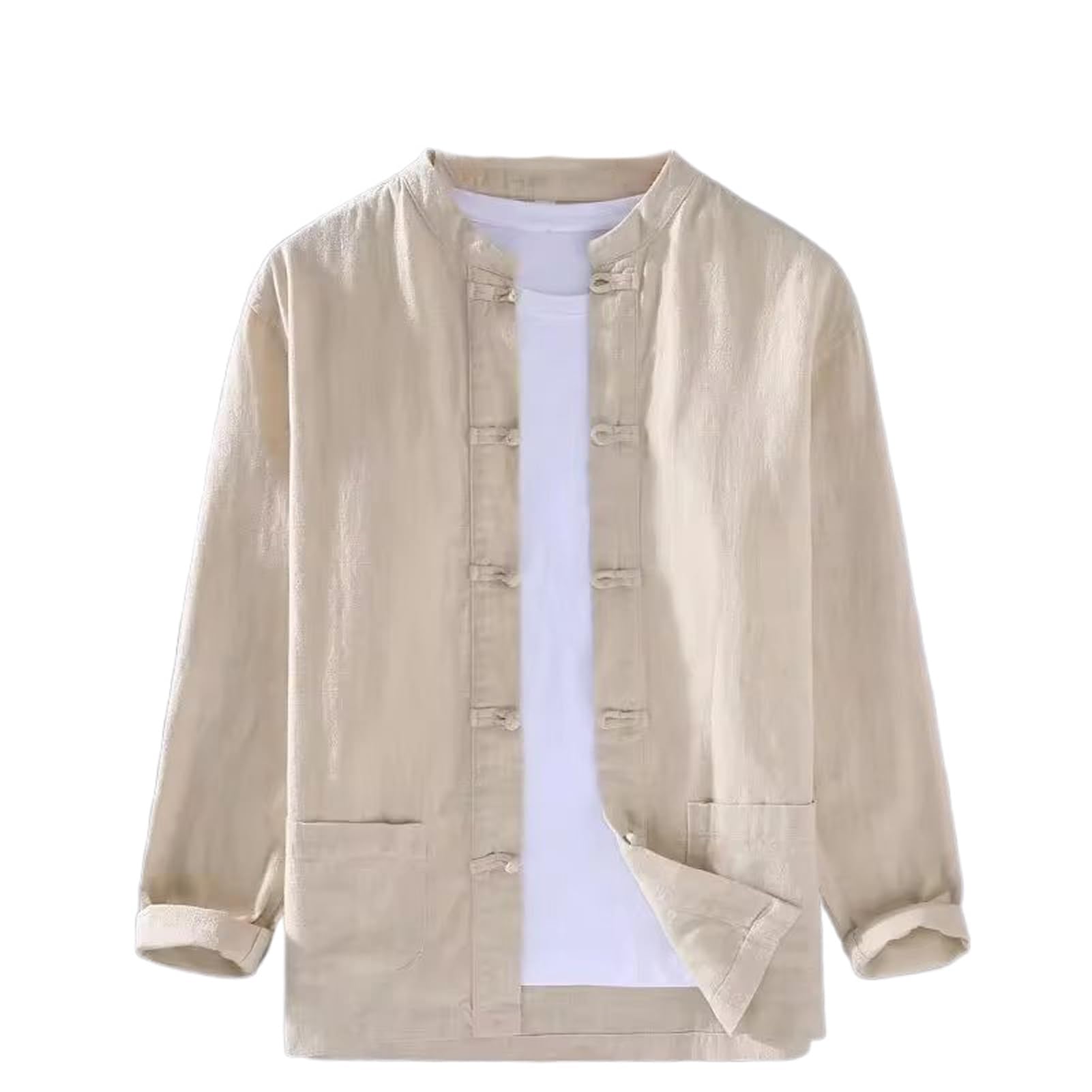 Camisa china de algodón y lino con hebilla para hombre, cuello alto, informal, transpirable