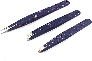 PC 3 Premium Stainless Steel Eyebrow Tweezers with Pouch, Tweezers Set with Slant, Straight and Pointed Tips - Precision Calibrated - Best for Eyebrow, Ingrown Hair and Splinters (Blue & White)