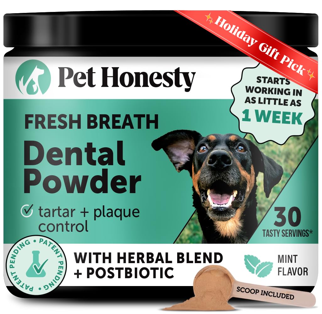 Dog Breath Freshener Dental Powder for Teeth Cleaning Plaque Off, Dental Care for Dogs, Tartar Remover for Teeth with Natural Herbal Blend + Postbiotics (Mint - 30 Servings)
