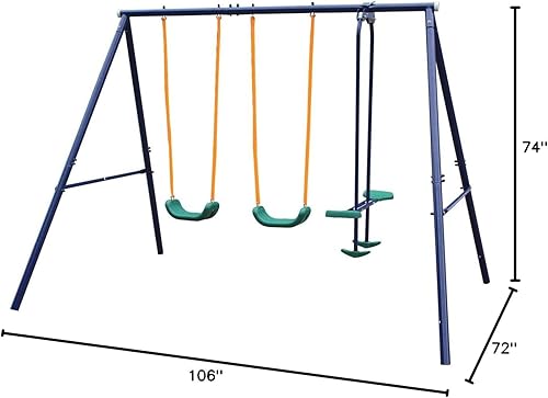 Miniatura 7 de Juego de columpio de jardín al aire libre con cuatro asientos, marco en A, acero resistente con 1 balancín y 2 columpios para niños