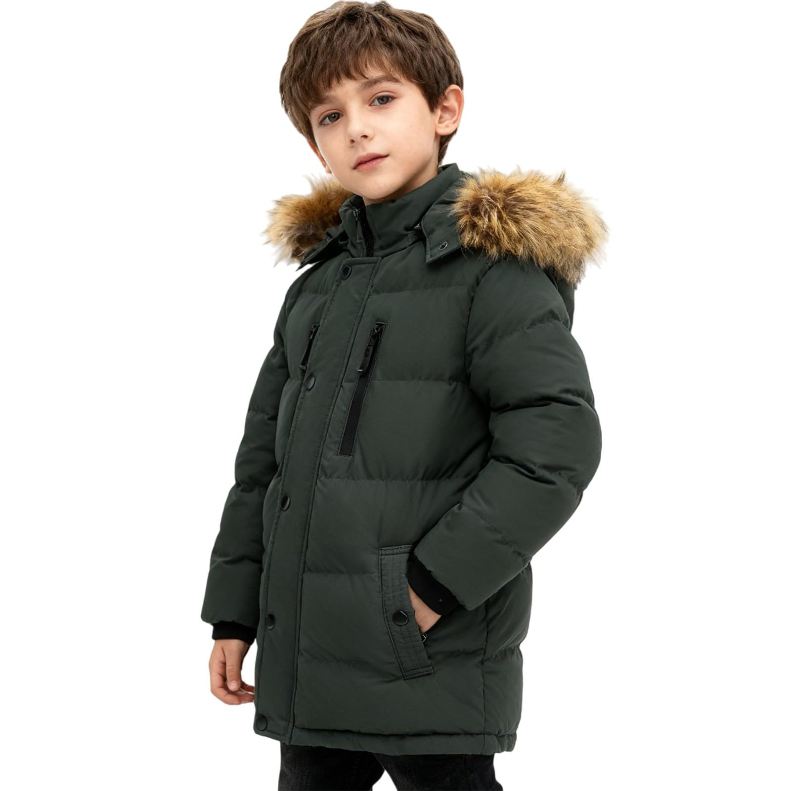 Piumino per bambini con cappuccio in pelliccia e tasche, tinta unita, giacca invernale, impermeabile, comodo, morbido, giacca a vento, giacca con cappuccio, leggera, alla moda, per attività all'aria