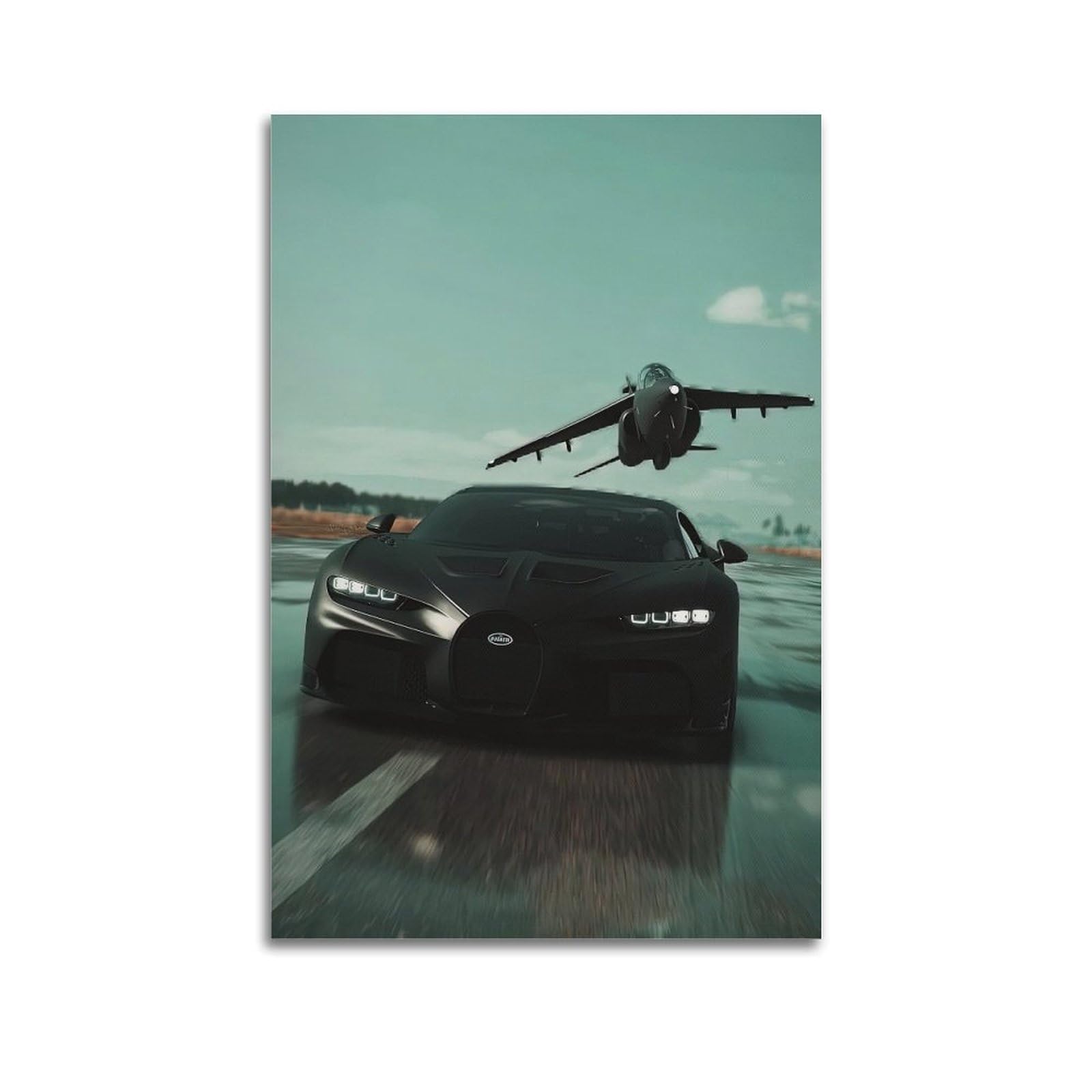 OKAHYS Racing Hypercar Poster Black Chiron & Fighter Plane Decorative Painting Canvas Wall Artworks Picture 20x30inch(50x75cm)