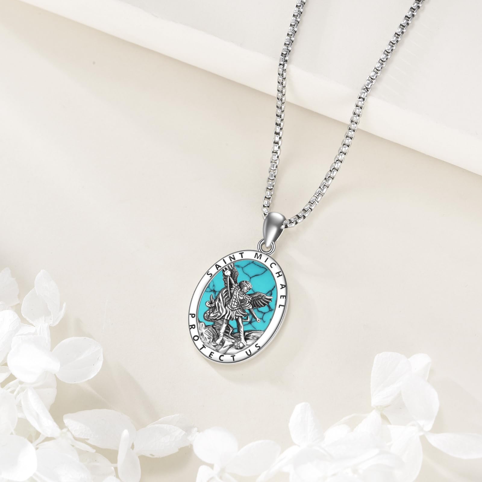 Sankt Michael Halskette 925 Sterling Silber Schutzpatron Halskette Sankt Michael Medaille Erzengel Michael Anhänger Türkis Amulett Schmuck für Männer Frauen
