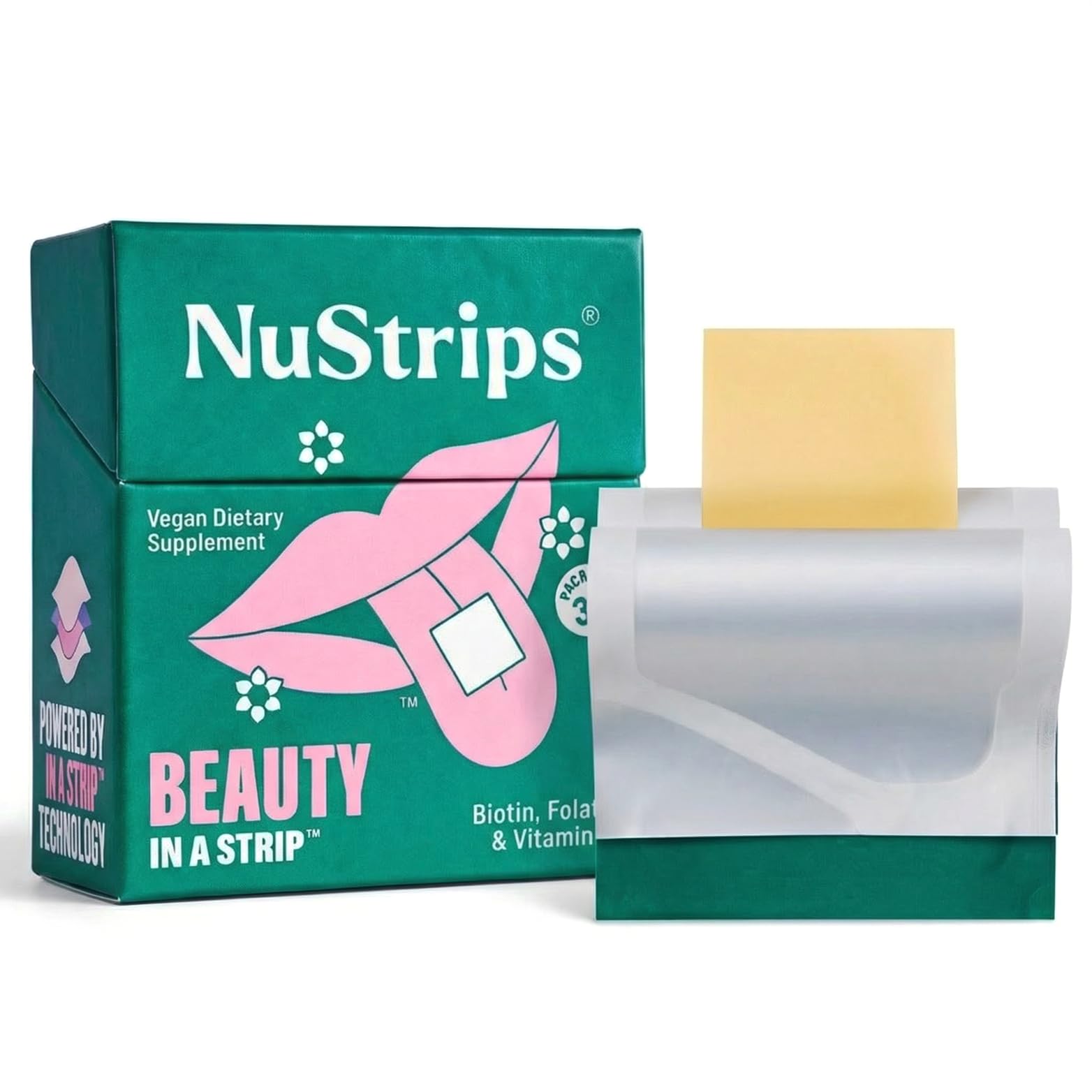 NuStrips Beauty | Strawberry Flavored Oral Strips with Biotin, Folate and Vitamin E | Vitamins for Hair, Skin & Nails | Maximum Absorption, Fast Results | 30 Individually Wrapped Strips
