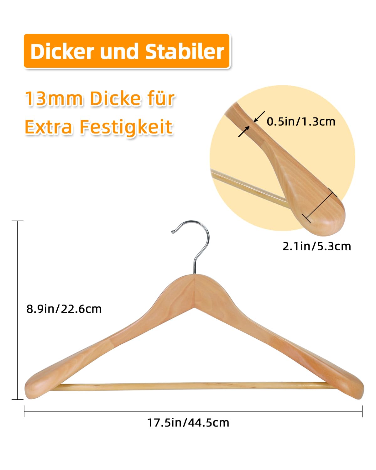 Juego de 6 perchas de madera de haya maciza con hombros anchos, perchas de madera con barra para pantalones para trajes, abrigos, chaquetas, camisas y pantalones
