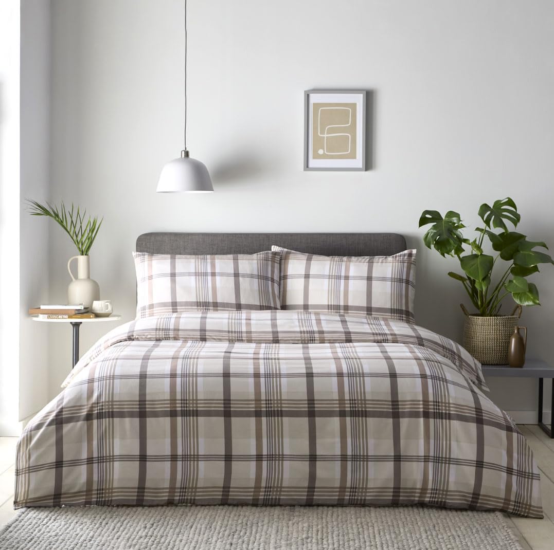 Homemaker Bedding Natural Tartan Check Duvet Cover Bed Set Brown Beige Cream (King)