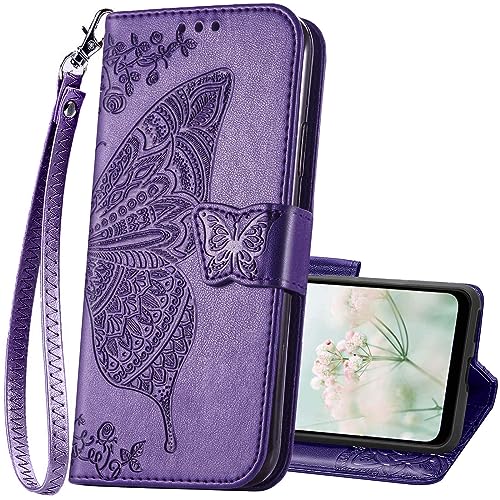 KRHGEIK Samsung Galaxy A03S Cellular Phone Case, Butterfly Embossed PU Leather Flip Folio Cover, Card Holder, Stand with Wrist Strap (Purple)
