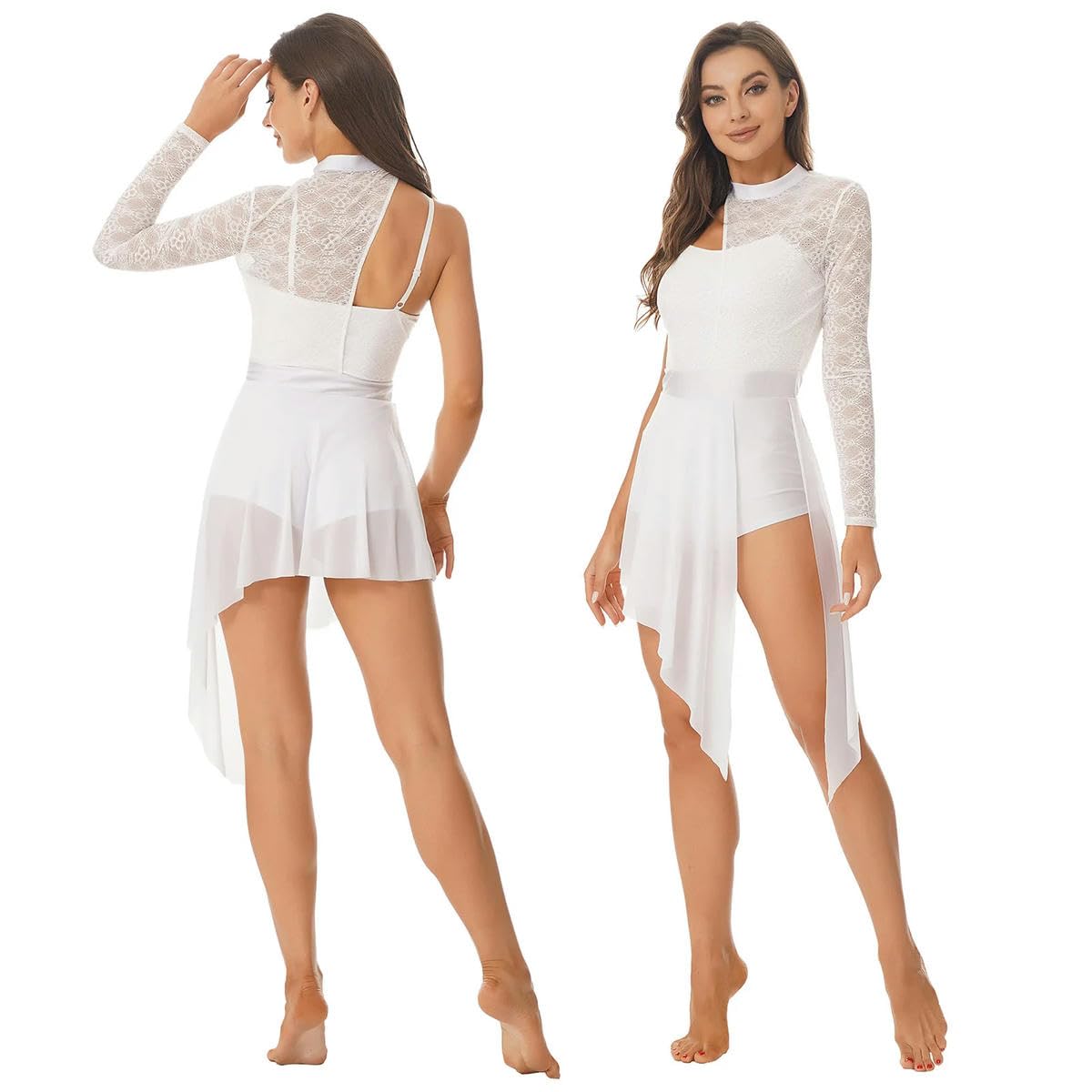 Vestido de ballet para mujer, con encaje y un hombro descubierto, para patinaje artístico, bailarina