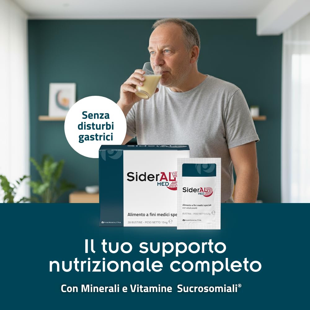 Sideral Med Integratore alimentare a Fini Medici Speciali, Ferro sucrossomiale®, Vit. A, C, D, E, K, PP, B5, B6, B9 (folato), B12, 28 Bust, Soggetti sottoposti a chirurgia bariatrica, Malassorbimento