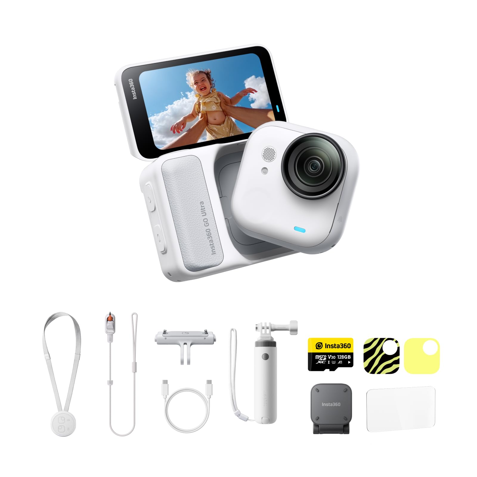 Insta360 GO Ultra Pack lifestyle Bianco - action cam mini 4K a mani libere, indossabile, superba in bassa luce,montala ovunque, stabilizzazione FlowState,200 min di carica, impermeabile 10m