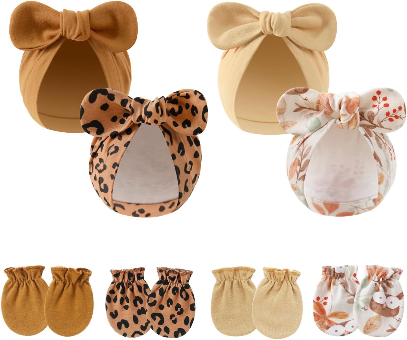 LIDHAY 4PCS Newborn Baby Hospital Hats Beanie Bow Infant Caps Cotton Preemie Hats No Scratch Mittens Set for 0-1 Years Old