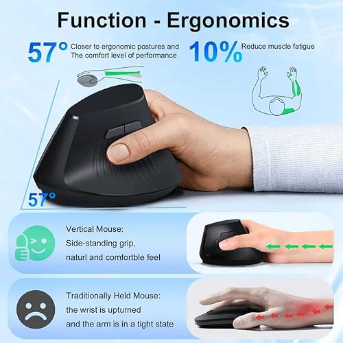 Miniatura 2 de Ratón ergonómico Bluetooth, mouse vertical inalámbrico recargable para túnel carpiano con conexión USBC y BT 5.0/3.0 y 2.4G, silencioso, fácil de