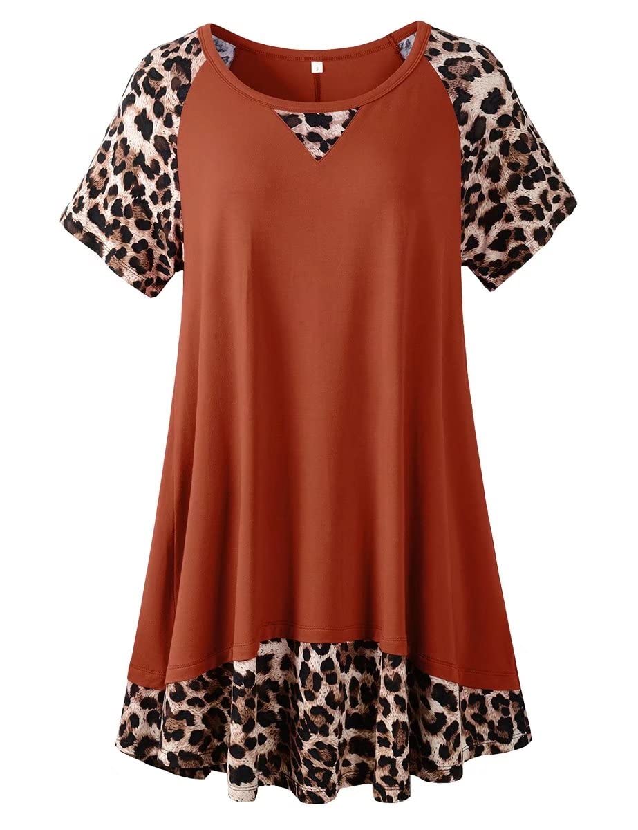 LARACE Plus Size Tops for Womens Summer Short Sleeve Tunic Shirts Crew Neck Leopard Color Block Tee