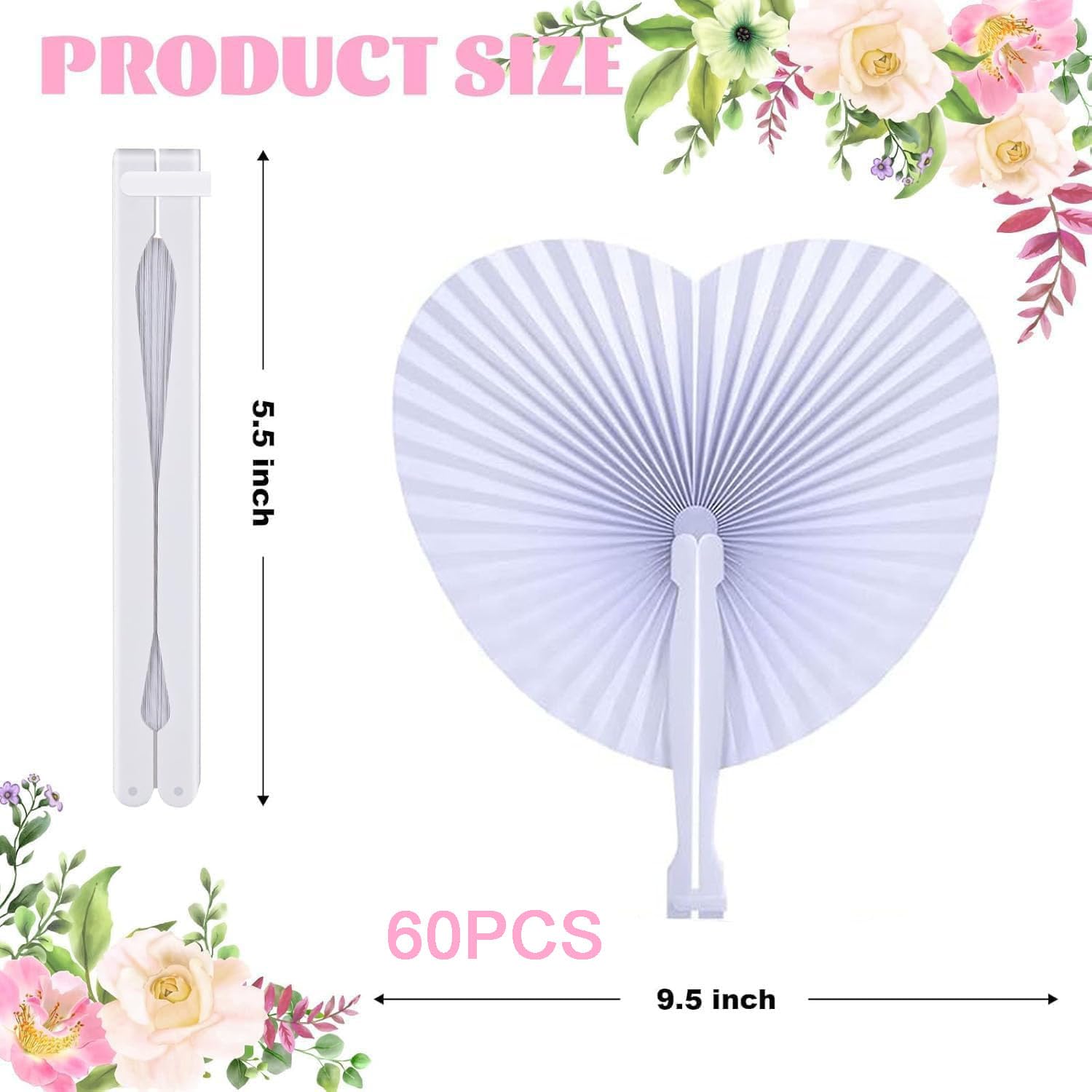 60 Pezzi Ventagli Pieghevoli Bianchi Ventaglio bianco Pieghevole Forma Cuore Ventaglio Matrimonio Maniglia Plastica per bomboniera wedding Regali Gli Invitati Bomboniera Ospiti Baby Shower Compleanno