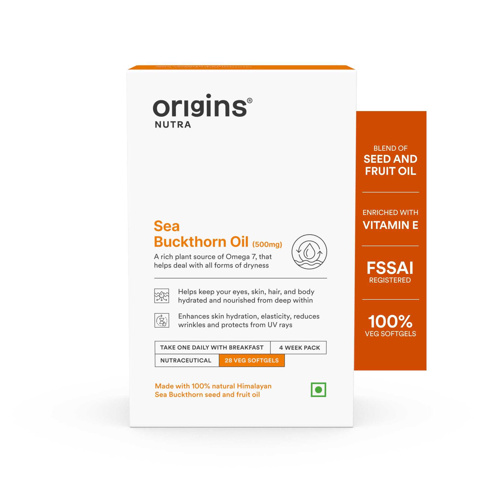 Sea Buckthorn Oil| Fruit & Seed Extract | Omega-7 for Skin, Hair & Eye Hydration | GMP Certified | 28 Veg. Softgels | Pack of 1