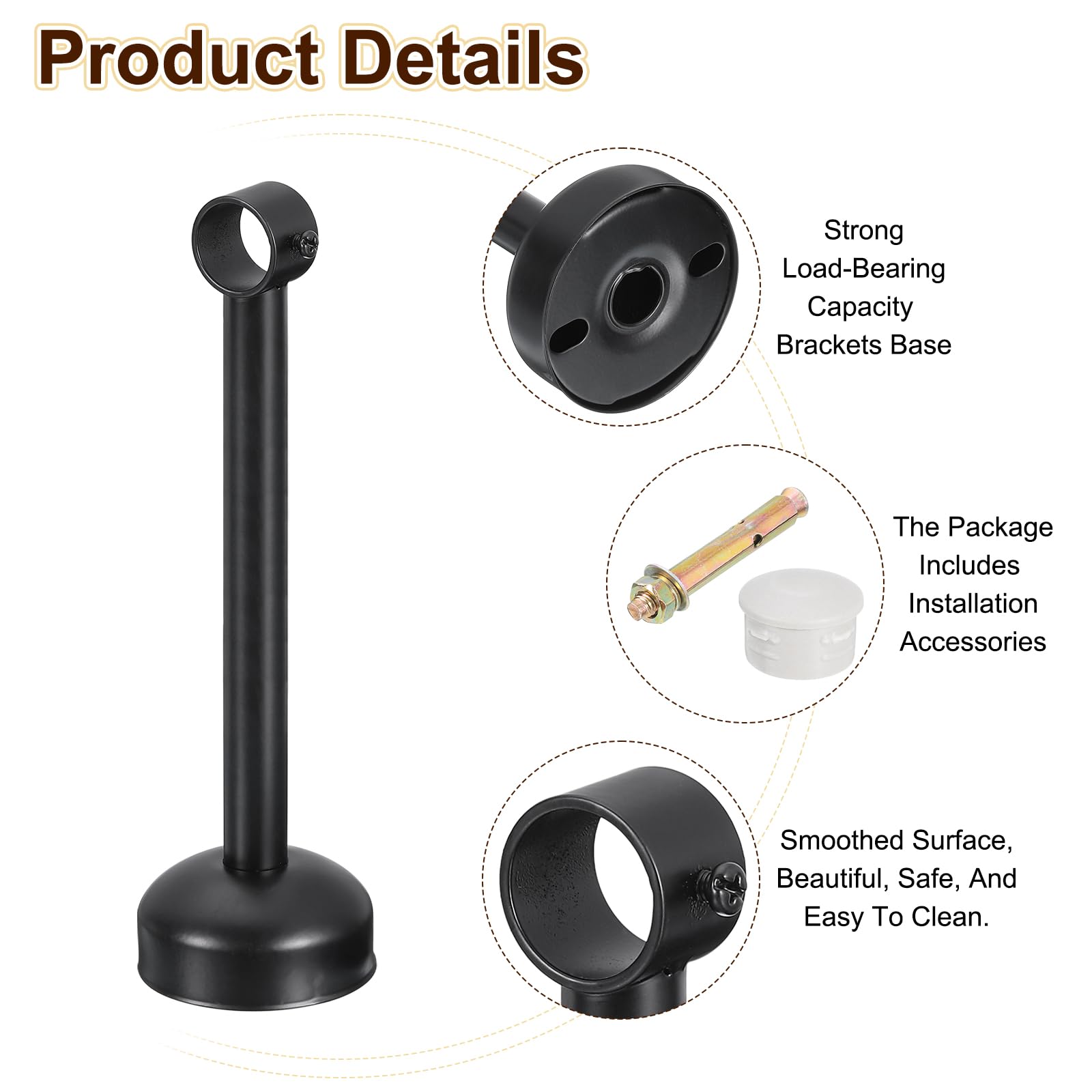 QUARKZMAN 4 Set Support Tringle Rideau Montage Plafond, Adapté Tuyau 25mm/0.98" Longueur 250mm/9.84" Crochets Tringle Rideau Acier Inoxydable Murs Placard Tuyau pour Rideau, Noir