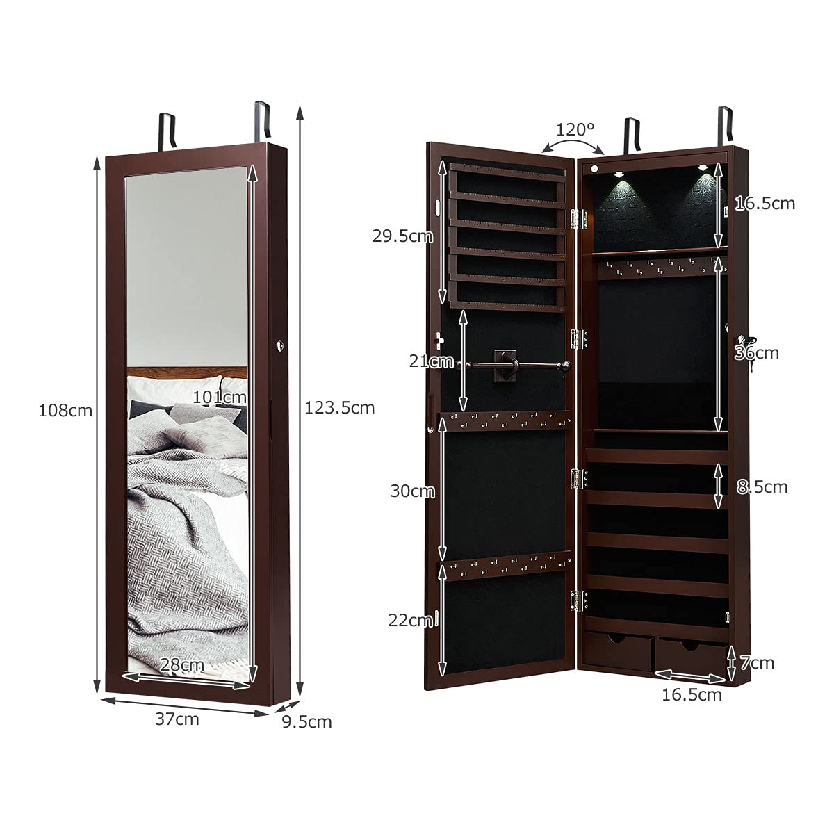 COSTWAY Schmuckschrank hängend, 2 in 1 Spiegelschrank mit LED Leuchten & 2 Schubladen, Hängeschrank abschließbar, Wandschrank Schmuck Organizer zur Wand-/Türmontage (Braun)