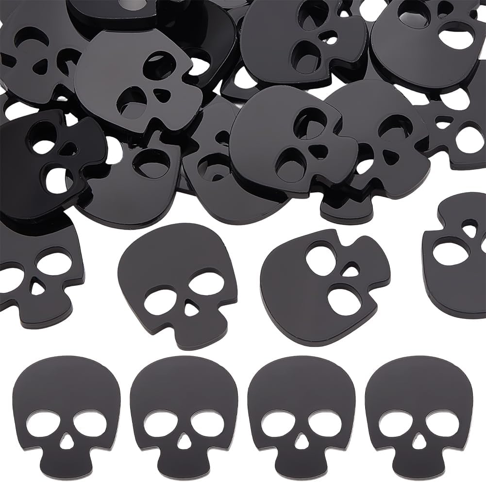 PH PandaHall 60pcs Black Skull Buttons Flatback Decorative Craft Button 2 Holes Skull Shape Acrylic Buttons Sewing Button for Sewing Decorations DIY Clothing Crafting, 23x20mm
