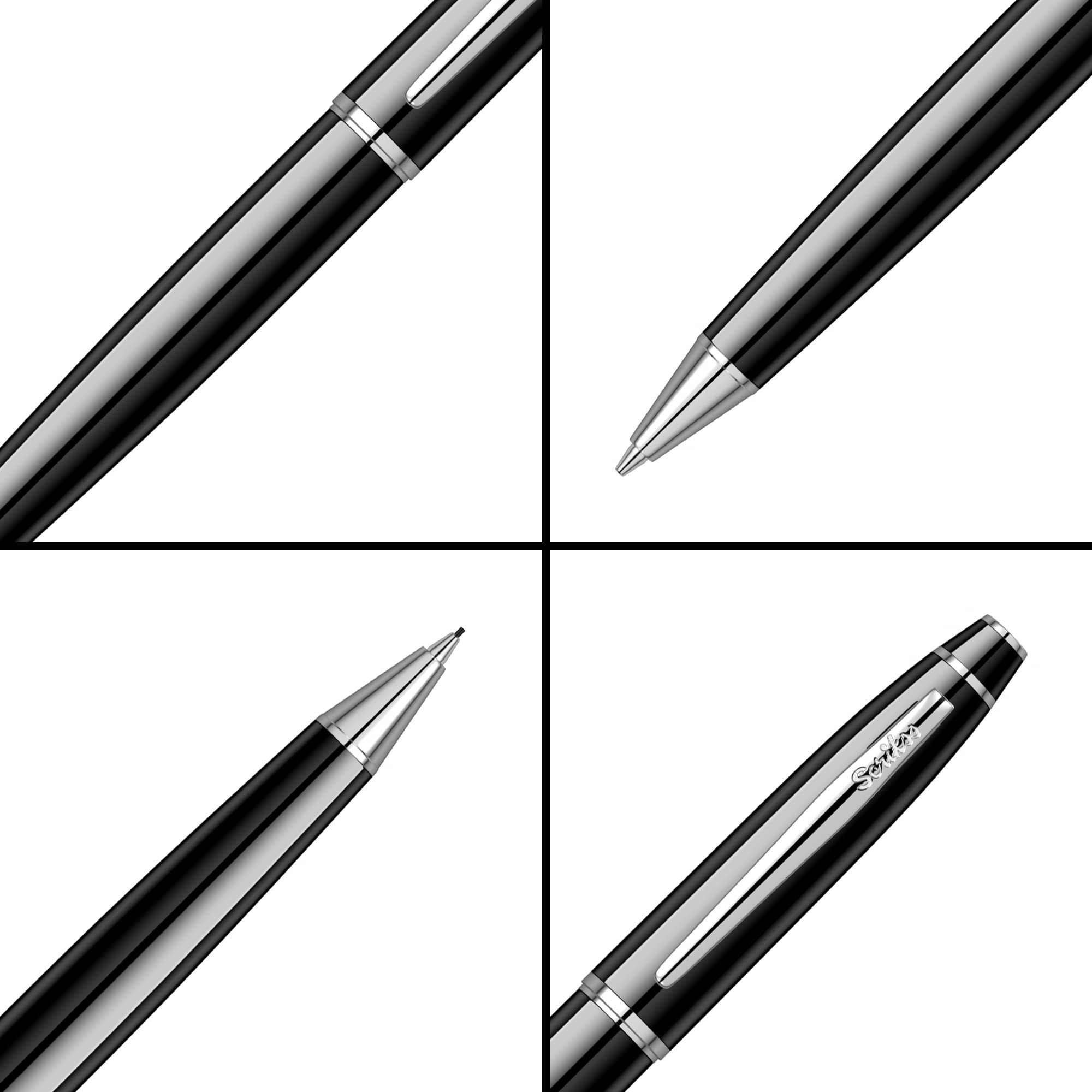 Scrikss Ołówek mechaniczny 0,7 mm, korpus z czarnego mosiądzu, chromowane wykończenia, mechanizm skrętny, seria Noble 35, nowoczesny i elegancki długopis, idealny na prezent, do użytku w biurze i domu