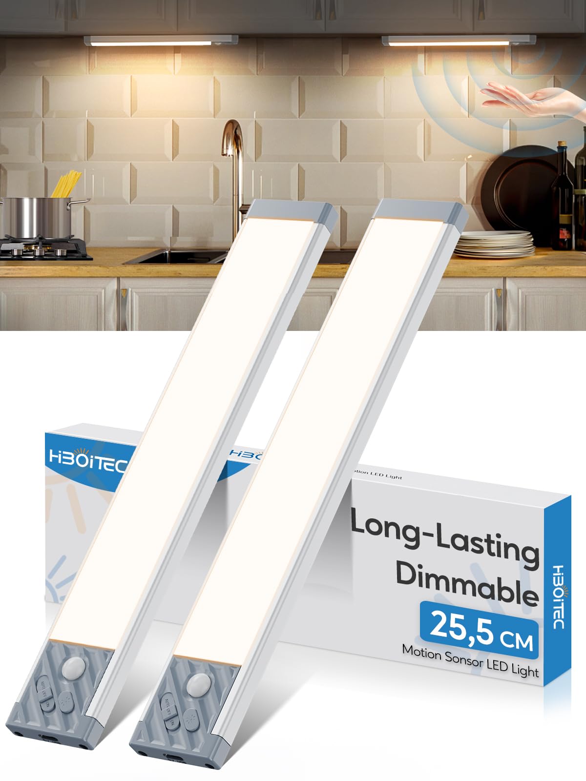 HIBOITEC Dimmable Reglette Led Cuisine, 50LED 25,5CM Lampe Detecteur de Mouvement interieur, USB-C Led Cuisine sous Meuble, Lampe Sans Fil pour Armoire Escalier Lumières Blanches