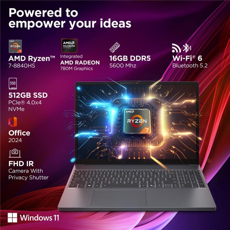 Image of Lenovo IdeaPad Slim 3 AMD Ryzen 7 8840HS 15.3 inch (38.8cm) WUXGA IPS AI PC Laptop(16GB RAM /512GB SSD /Windows 11 /Office Home 2024 /Backlit Keyboard /1Yr ADP Free /Grey /1.6Kg), 83KA0048IN