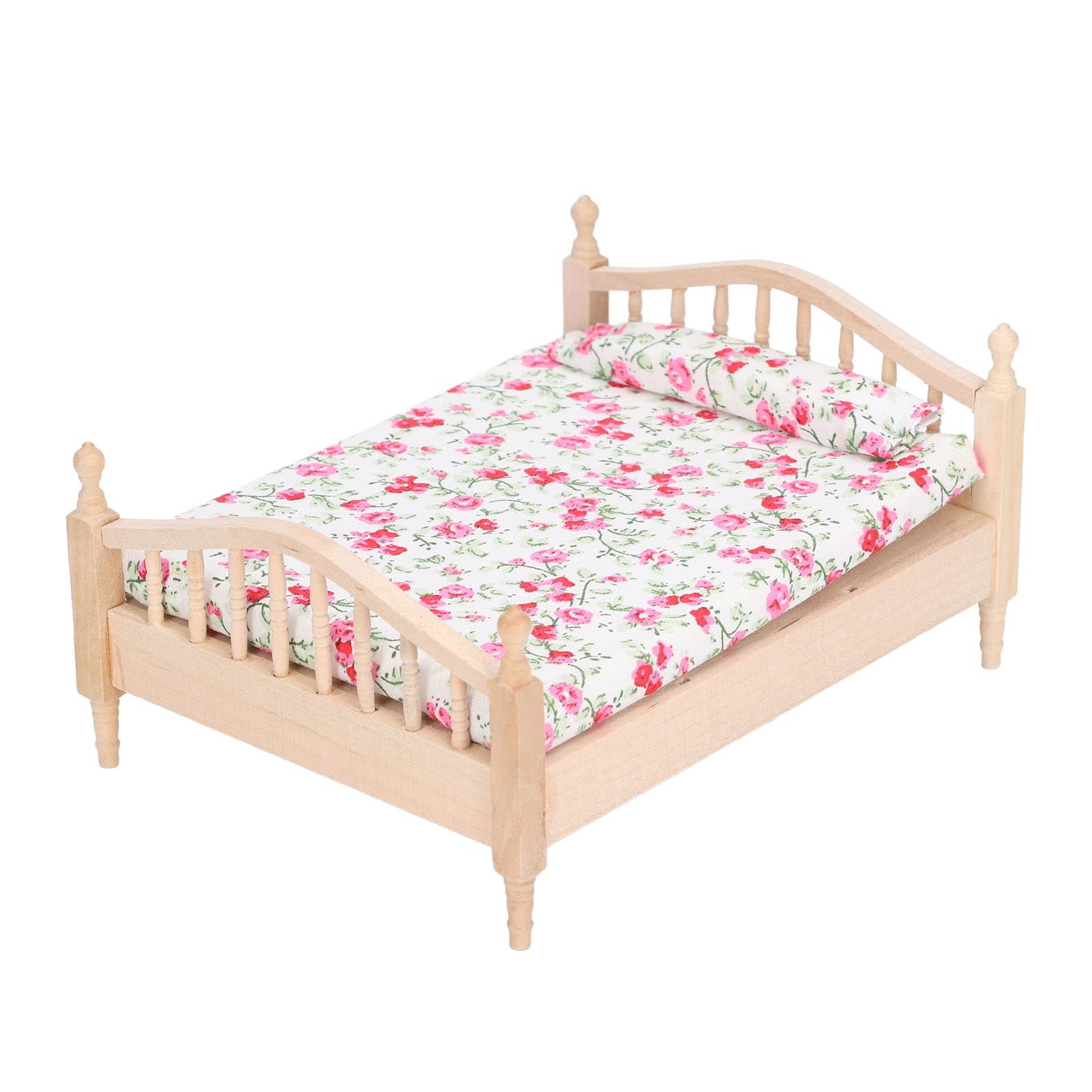 Bonbela 1:12 Dollhouse Mini Double Bed Miniature Furniture Dollhouse Bed Realistic Exquisite Details Birch Wood Fabric Material with 15.7cm Length for Kids Holiday
