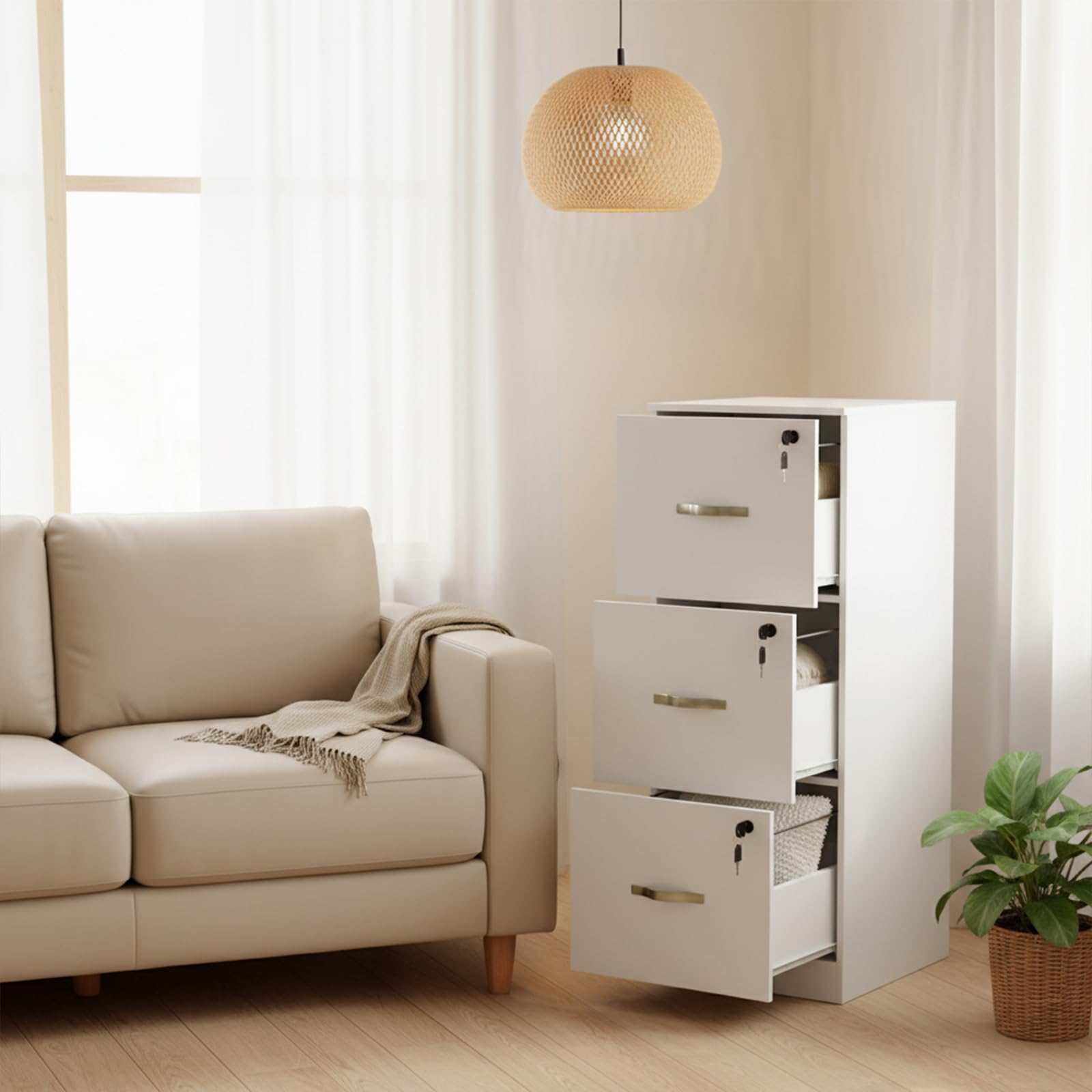 Caisson de Rangement, Meuble Bureau 3 Tiroirs, Verrouillable Armoire Meuble de Rangement Bureau 103.5 cm Hauteur pour Dossiers Suspendus, Papier Administratif, Imprimante, Format A4, Blanc