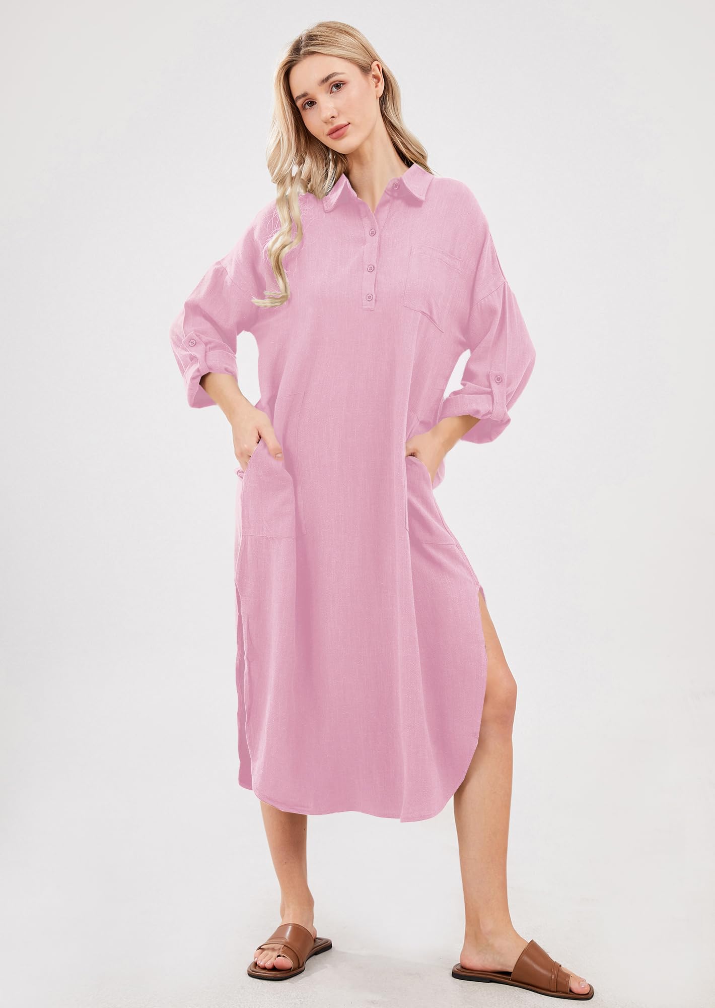 utcoco - Abiti lunghi casual da donna in cotone e lino, dal taglio ampio, con revers, bottoni, maniche con risvolto, spacco laterale e tasche
