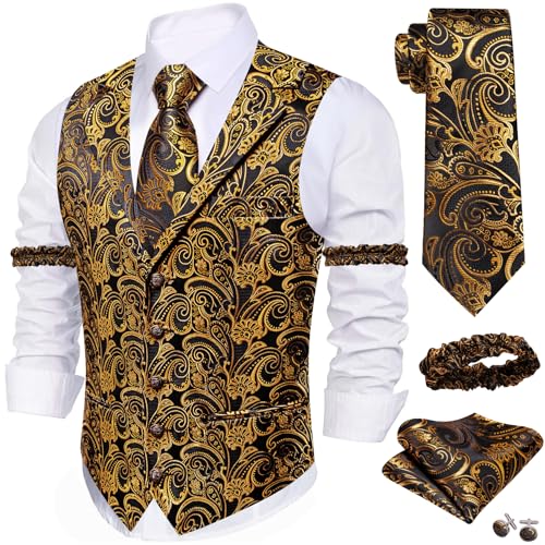 Image of Barry.Wang Mens Silk Lapel /Shawl Collar Vest Tie Sleeve Holder Set Formal /Casual Paisley Vests Wedding Tuxedo Waistcoat