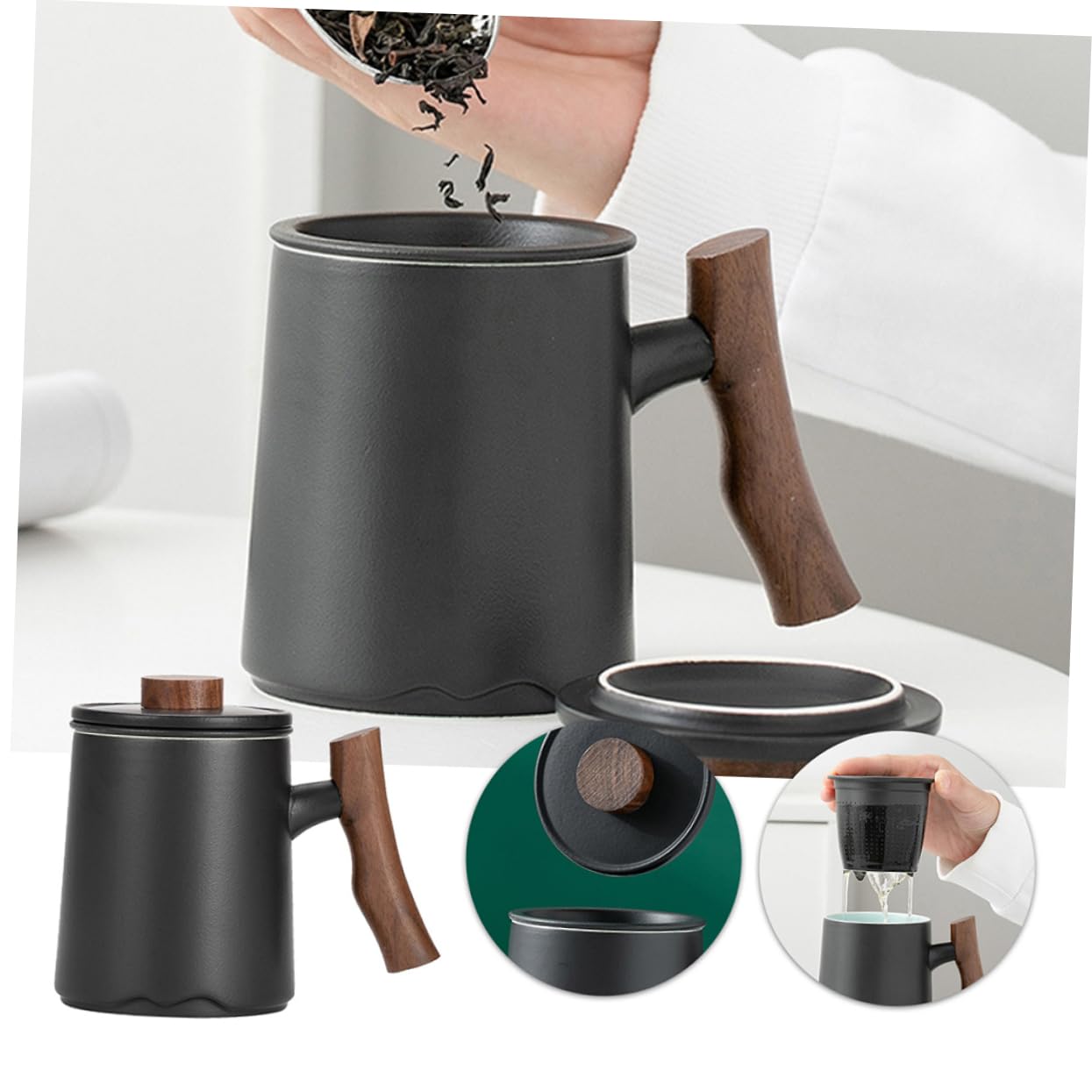 Mug avec Passoire à Thé 360ml en Céramique et Manche en Bois Foncé Élégant