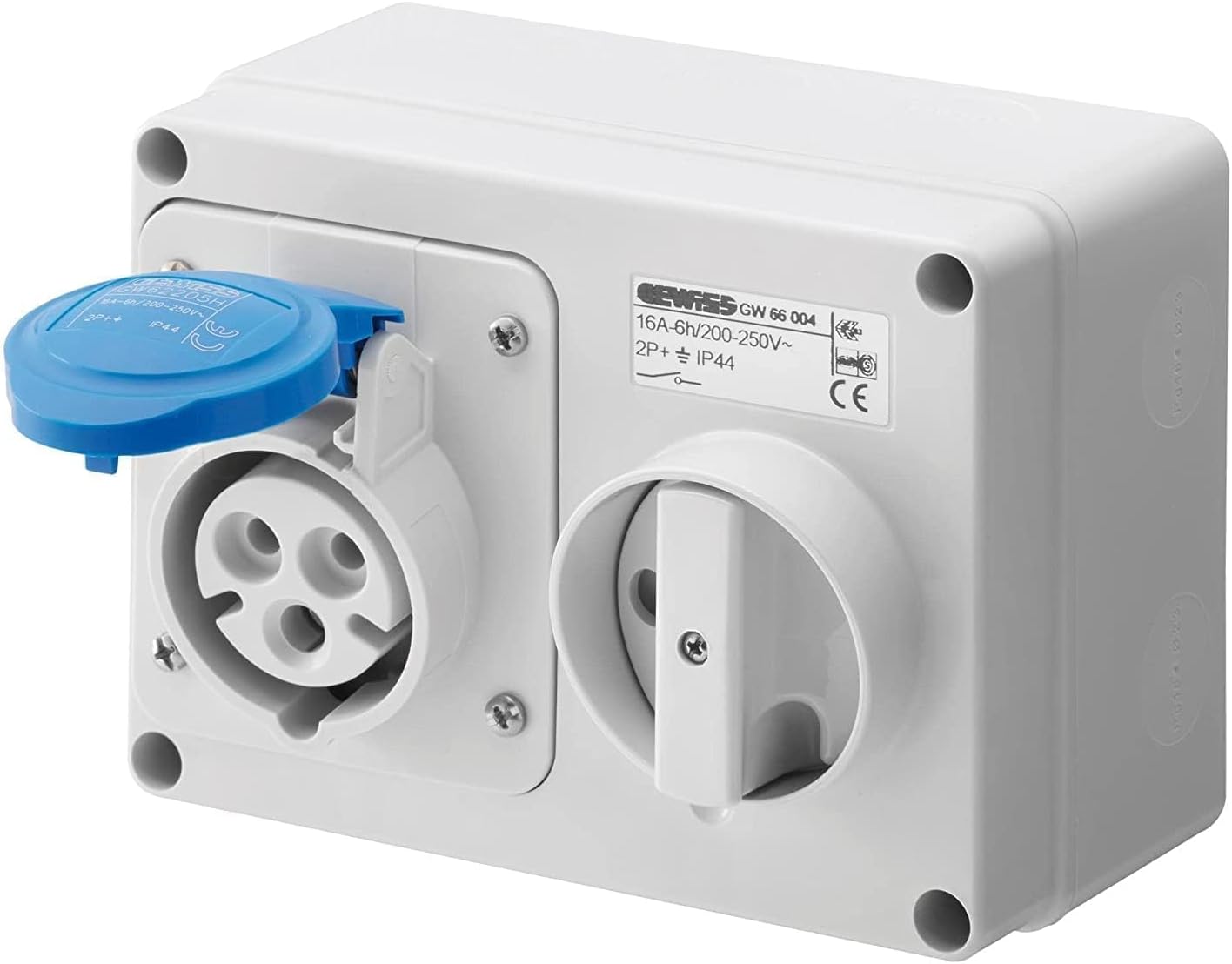 Gewiss GW66004 Horizontal Interlocked Socket Outlet, IP44, 6 Reference, 2P+E Pole, 200V-250V, 16 A, 50 Hz/60 Hz, Blue