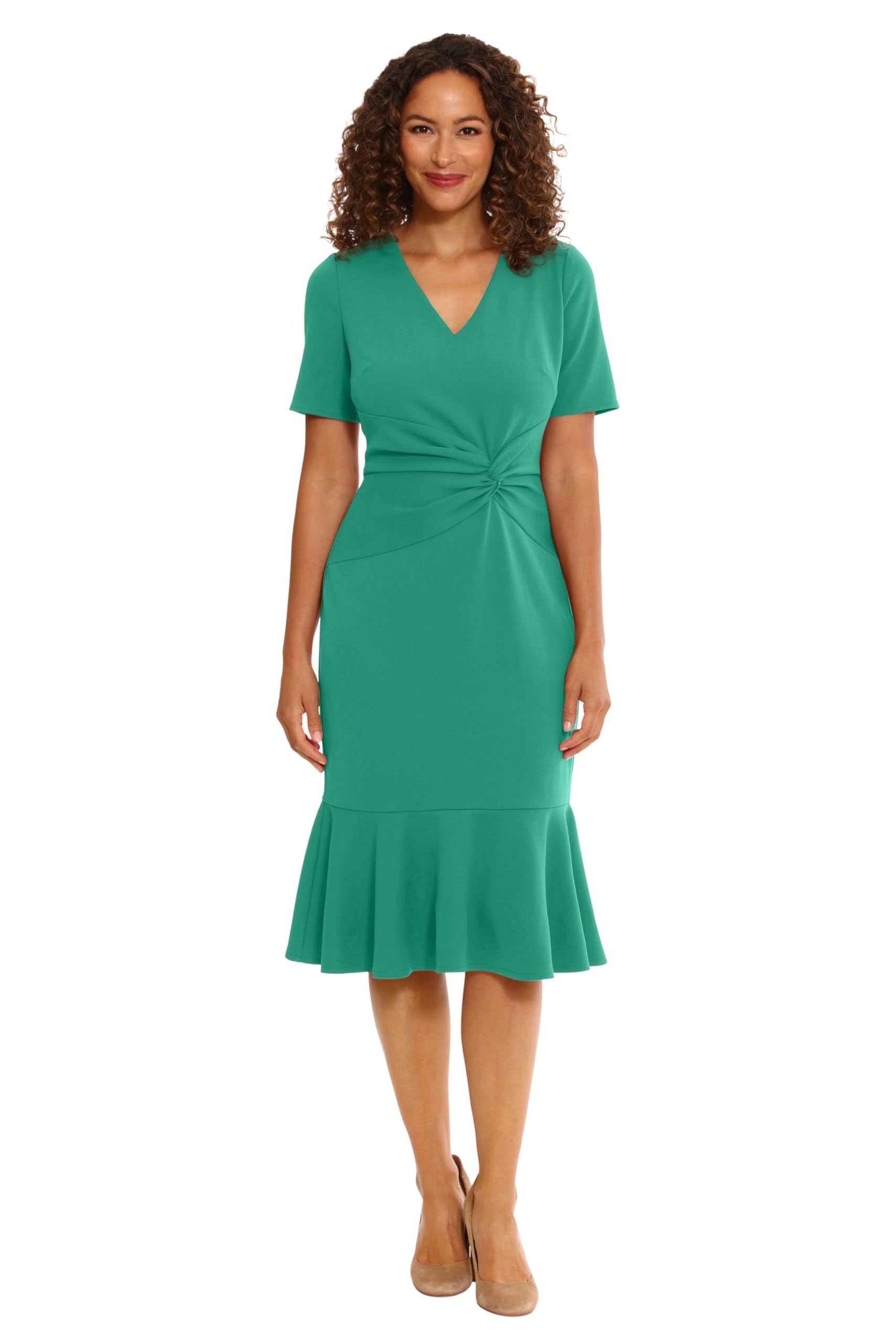 London Times Women's V-Neck Dress - Flounce Hem, Twist Waist, Elegant Office &amp; Event Wear