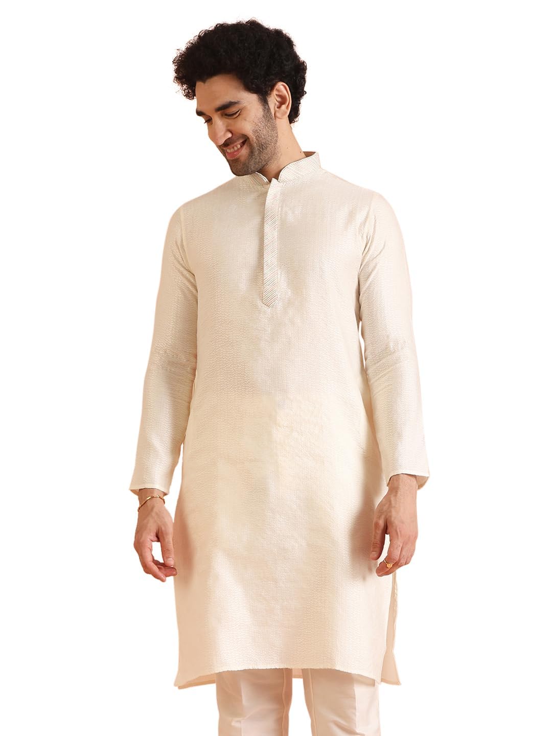 Kisah Men's Kurta, Off White Jacquard, Woven Design Regular Fit Mandarin Collar Long Sleeves (44)