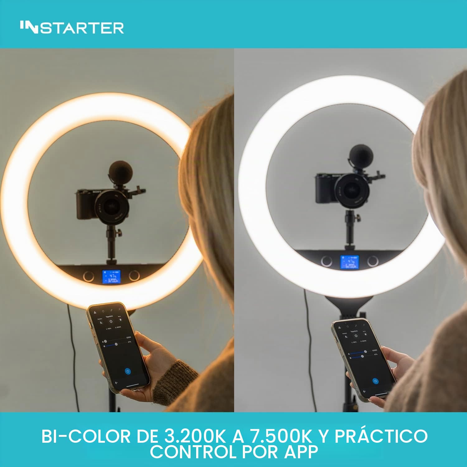 Anillo de luz LED con trípode y Soporte para Tablet y móvil - Control por App, 60W Regulable, luz para Streaming y móvil, Bi-Color de 3200-7500K, Incluye Cabezal Giratorio