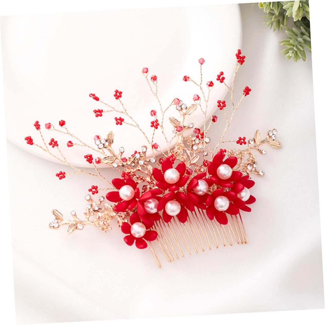 minkissy 3pezzi Pettinino Per Perle Fatte Mano Accessori Da Sposa Eleganti Per Matrimoni e Feste Design Floreale Rosso Per Donne e Ragazze