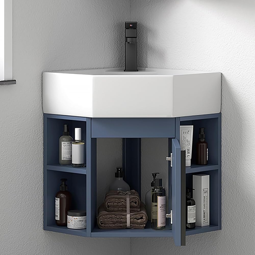 DFGHNBVC Corner Wall Mount Bathroom Sink With Storage, Space-Saving Porcelain Ceramic Wash Basin For Compact Bathrooms,Blue-45Cm