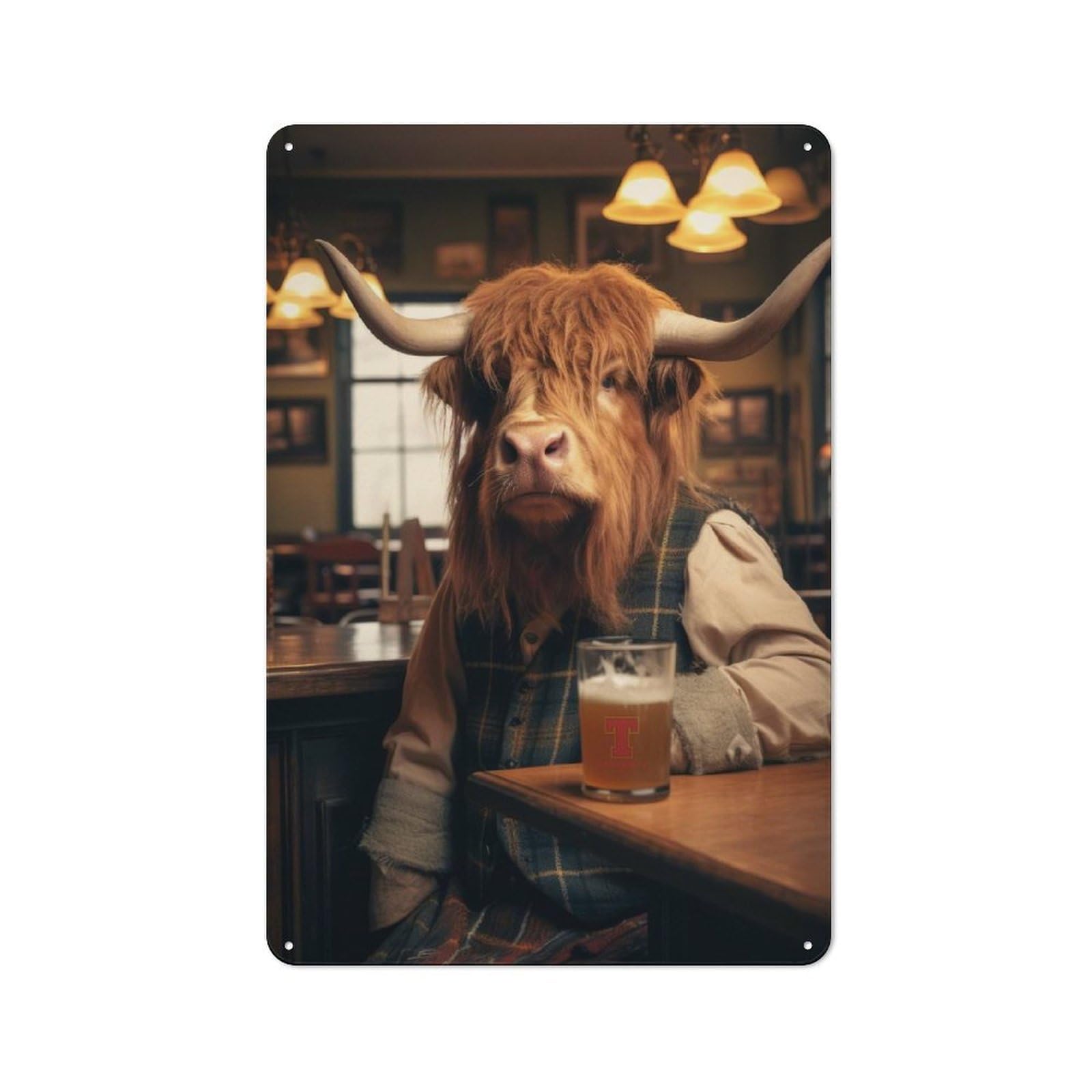 Junmoney Style Workshop Highland Cow Drinking Beer Tin Sign 30X20cm, Industrial Wall Art For Garage, Hobby Room, Office Or Man Cave