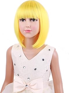 DUDUWIG Yellow Wig Child Bob Wig Yellow Wigs Short Straight Wig Yellow Bob Wig with Bangs for Kids Hairnet Include