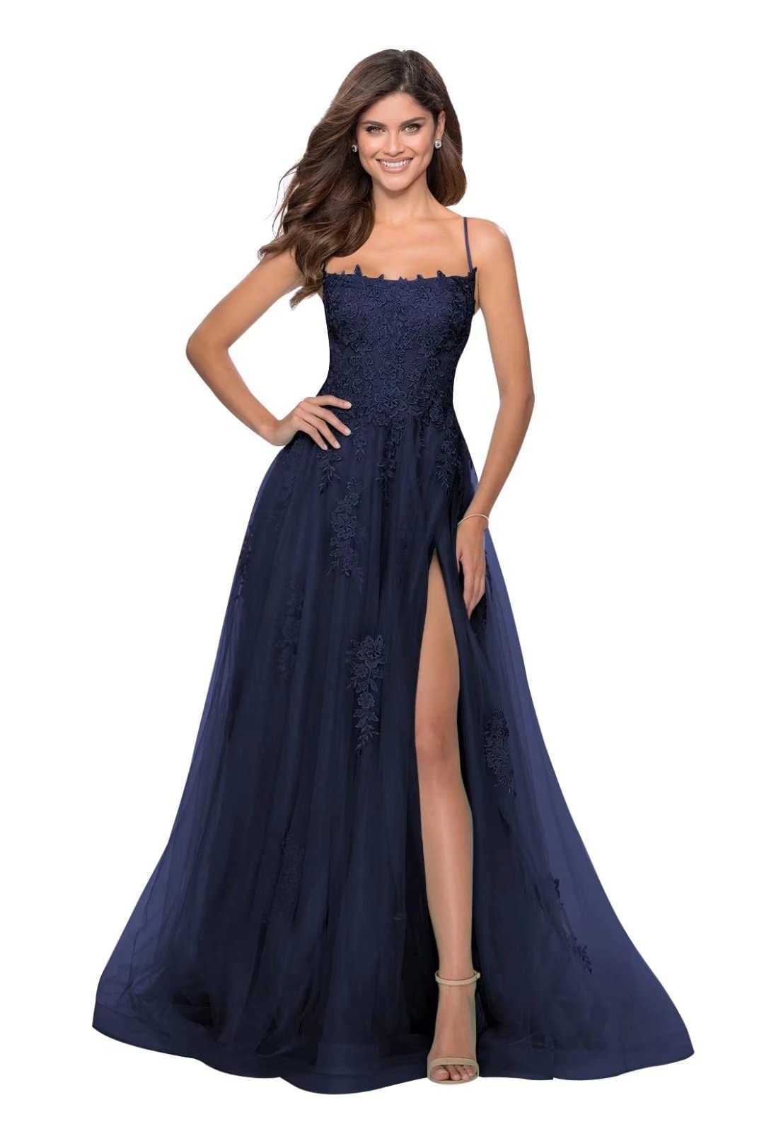 Women's Spaghetti Strap Lace Prom Dresses with Slit Formal Evening Ball Gowns