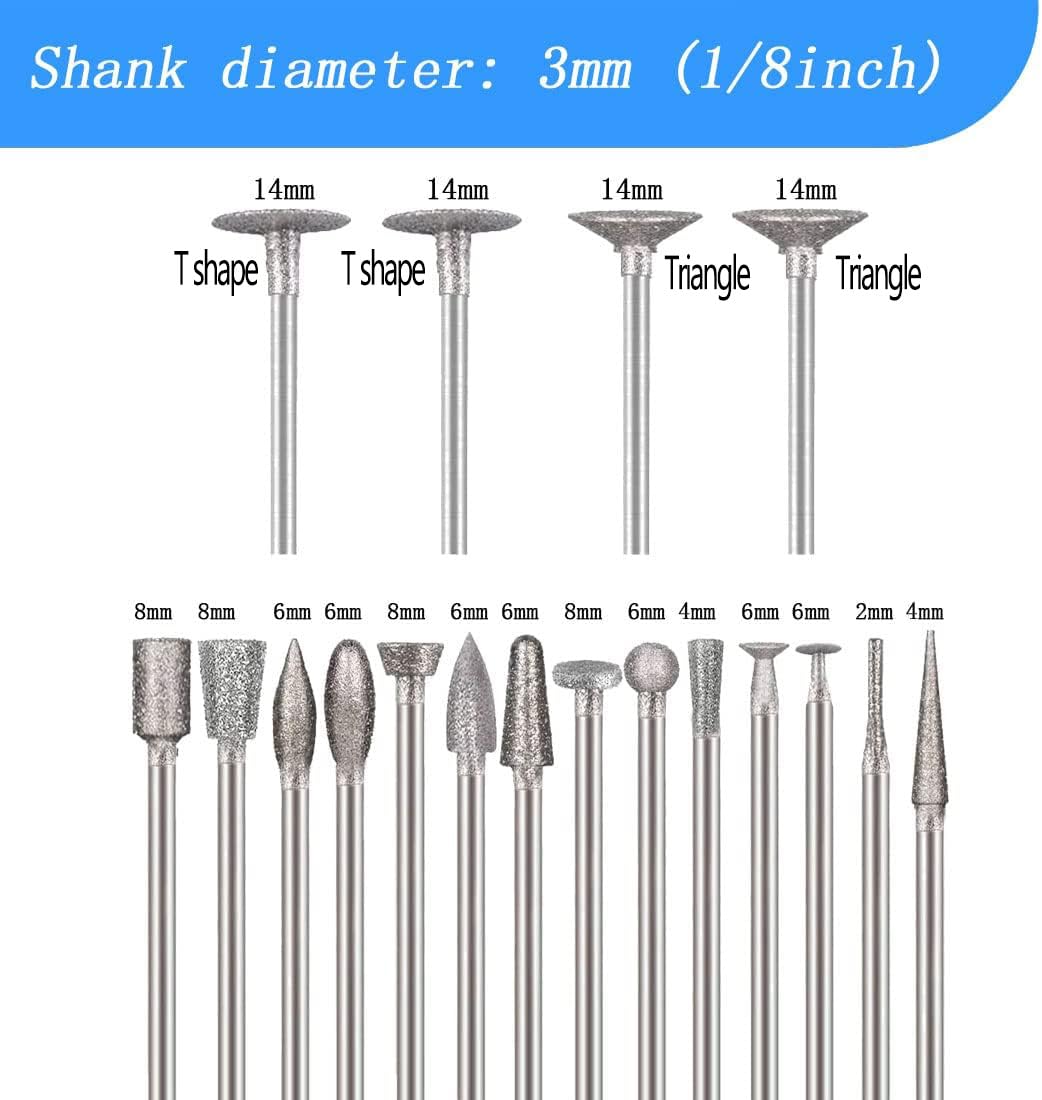 18 Pcs 1/8" Shank Assorted Shapes 100 Grit Diamond Burr Sets — Amazon image 2