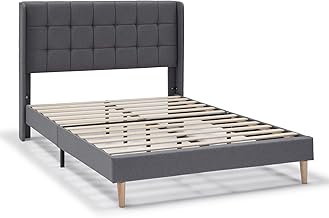 HOMN LIVING Esther 30 cm Upholstered Bed Frame, Mattress Foundation, Wood Slat Base, Simple Assembly, 150 x 190 cm, Dark Grey