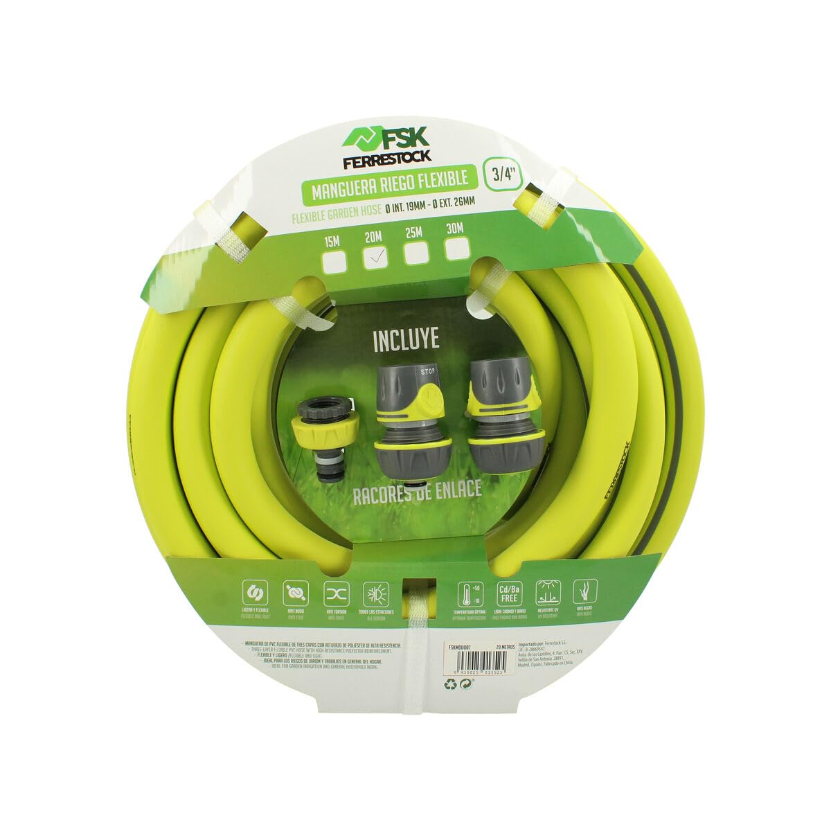 Ferrestock Manguera de Jardín de 20 Metros, 3/4" de Grosor (19mm), Antitorsión, PVC Flexible con Refuerzo de Poliéster, 3 Capas, Resistente a los Rayos UVA, Antialgas, Incluye Accesorios.