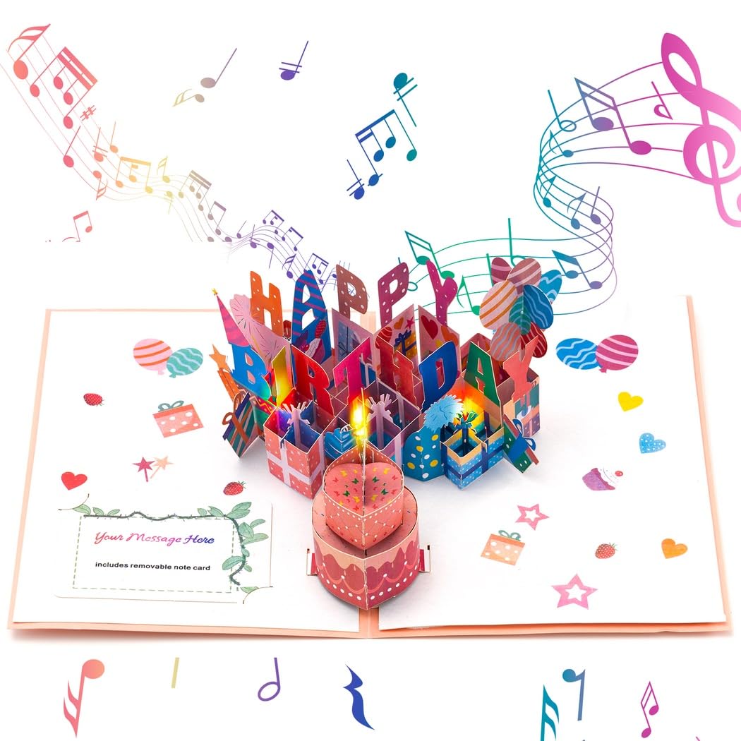 Carte d'anniversaire musicale pop-up 3D, carte d'anniversaire 3D avec lumière et bougie à souffler, musique Joyeux anniversaire, carte cadeau, enveloppe pour famille et amis