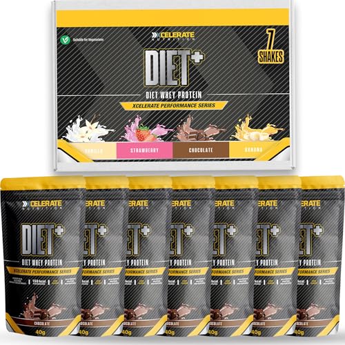 Xcelerate Nutrition Diet+ Whey Protein 40g Sachets 30.6g Protein per Serving | High Performance Low Calorie Shake | Strawberry Chocolate Vanilla Banana or Mixed Flavours | Pack of 7 14 or 20