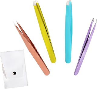 4 Pcs Tweezers Set, Pointed Tweezers and Leather Case, Eyebrow Tweezers Set with Angled Tweezers, Best Precision Tweezers Set for Shaping Eyebrows